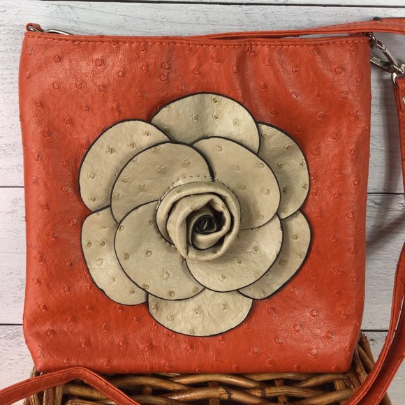 Orange w/Cream Flower Crossbody Bag - Picture 2 of 6